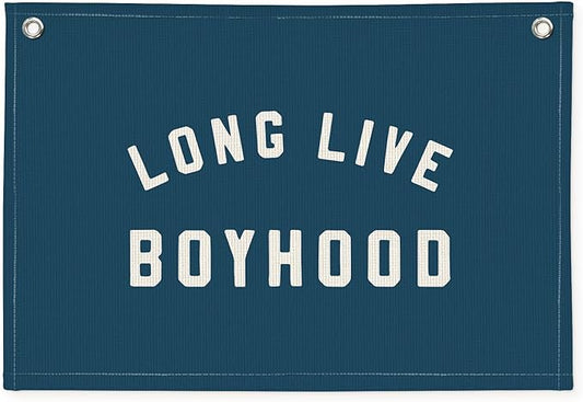Long Live Boyhood Boys Room Decor - Linen Banner Wall Hanging Canvas Banner Flag Decor for Toddler Boy Room Nursery Playroom - Navy Blue