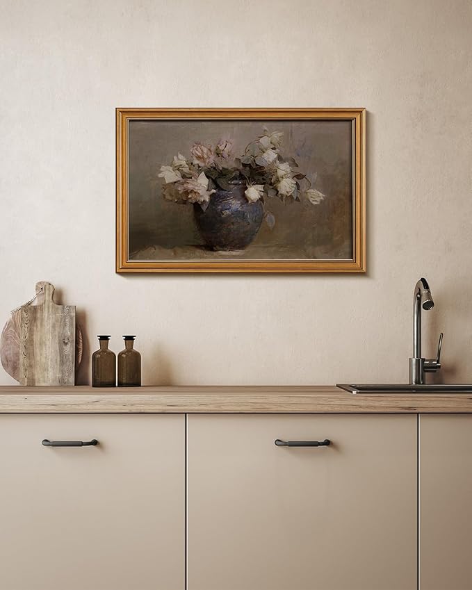 HUARCEY Gold Framed Canvas Wall Art Prints, Bathroom Vintage Decor Aesthetic, Classical Roses Floral Paintings Farmhouse Wall Decor, Large Retro Decoration for Bedroom Living Room, 16x24Inch