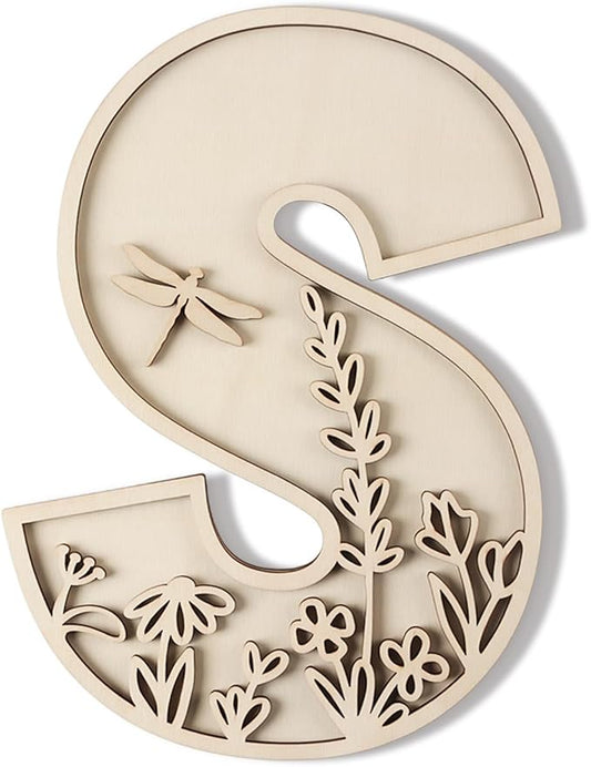 Layered 12 Inch Large Wooden Letters for Wall Decor, Flowered Paintable Wooden Nursery Letters for Crafts Wood Alphabet Letter S for Birthday Boho Nursery Name Sign Wedding Home Decoration