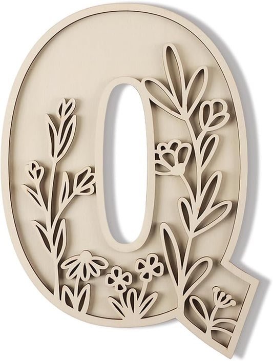 Layered 12 Inch Large Wooden Letters for Wall Decor, Flowered Paintable Wooden Nursery Letters for Crafts Wood Alphabet Letter Q for Birthday Boho Nursery Name Sign Wedding Home Decoration