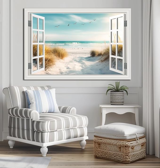 Canvas Wall Art - Large Ocean Prints for Living Room & Bedroom - White Window Style Beach Path Painting Coastal Seascape Artwork - Landscape for Home Office Decorations (32"*48")
