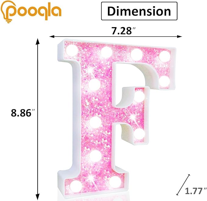 Pooqla LED Marquee Letter Lights, Light Up Letters Glitter Letter Sign Girls Gift, Battery Powered Night Light Pink Birthday Party Room Wedding Christmas Girls Bedroom Dorm Decoration, Cool White F