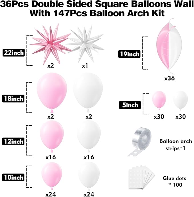 36pcs Pink and White Square Foil Balloons Wall Backdrop with 147pcs Balloon Garland Arch Kit, Double Sided Balloons for Birthday Anniversary Wedding Bridal Shower Baby Shower Party Decorations