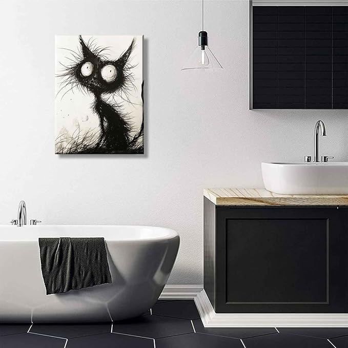 Funny Black Cat Canvas Wall Art Gothic Spooky Feline painting Decor Pictures Halloween Creepy Black And White Art Cat Posters Prints for Cafe Bar Living Room Restaurant Bedroom Decoration