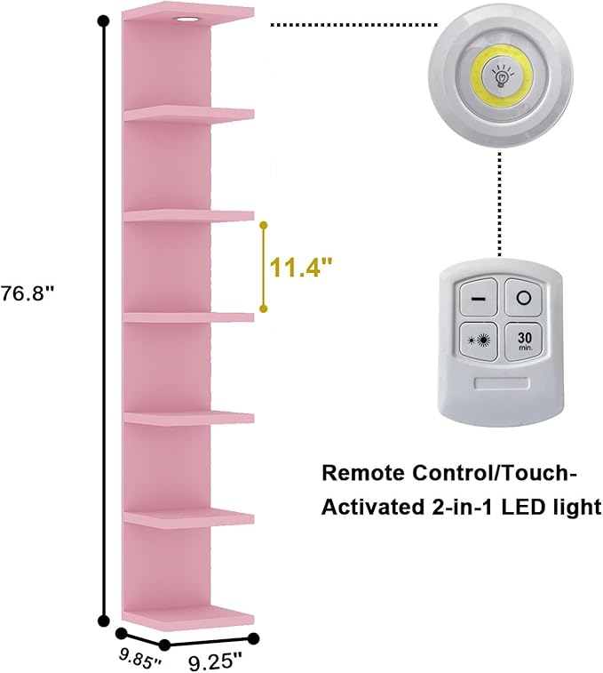 Versatile 7 Tier Wall Shelf Unit,Pink Lack Wall Shelf,Display Floating Shelf with LED Remote Control Light