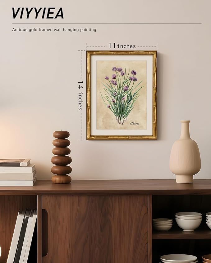 VIYYIEA Bamboo Detail Design Gold Framed Wall Art, Chive Canvas Prints, Vintage Framed Wall Decor, Picture Print Painting for Home Decor, 11 x 14 Inch