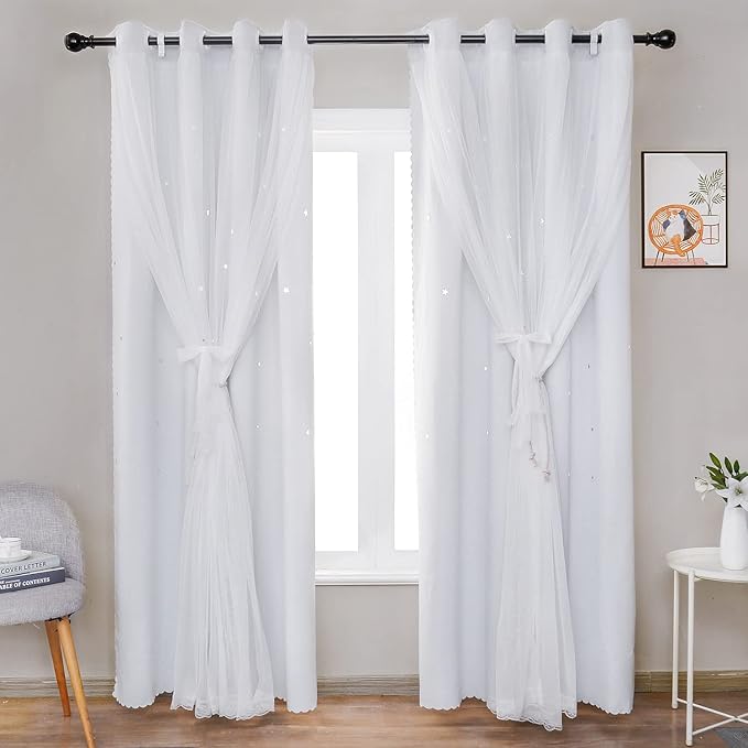 UNISTAR 2 Panels Stars Blackout for Bedroom Living Room Girls Kids Baby Room, Double Layer Star Cut Out Window Curtain, W52 x L63 Inch Length, Greyish White