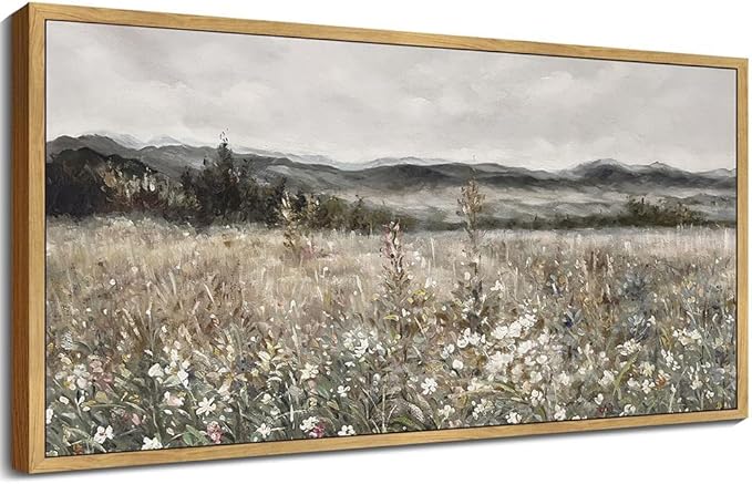 SHENIFY 20x40in Extra Large Vintage Framed Wall Art Meadow with Flowers Landscape Painting Retro Scenery Farmhouse Bedroom Above of Bed Living Room Decor - Natural Framed