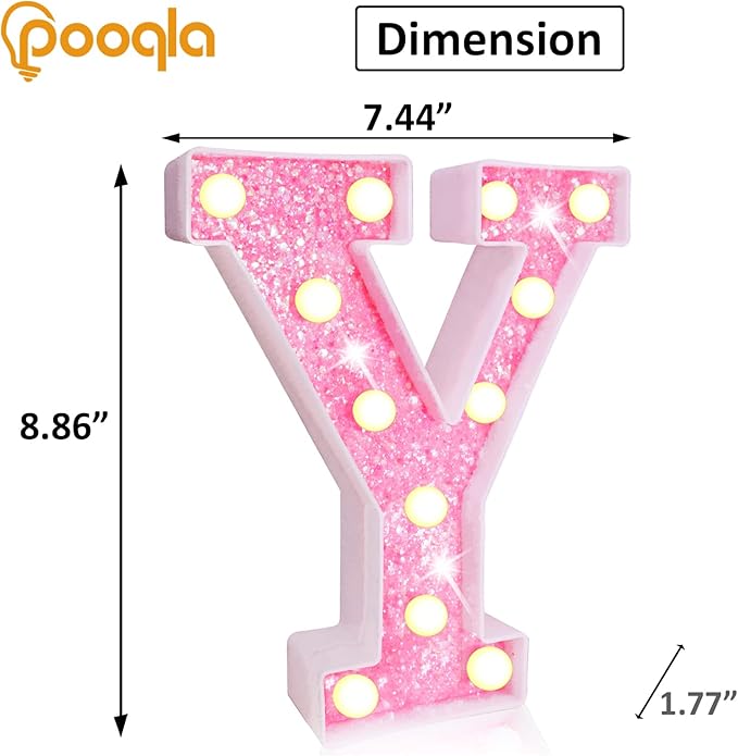 Pooqla LED Marquee Letter Lights, Pink Glitter Light Up Letters Alphabet Sign Battery Powered Night Light, Birthday Party Wedding Girls Gifts, Christmas Room Dorm Bedroom Decoration, Pink Letter Y