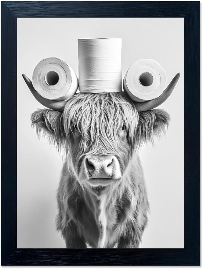 Funny Highland Cow Bathroom Wall Art with Toilet Paper on Head, Humorous Farmhouse Sign for Bathroom Decor, Rustic Black Framed Canvas Print for Restroom Toilet, Ready to Hang 16"x20"