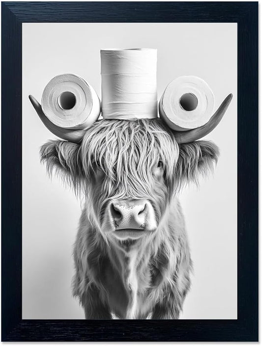 Funny Highland Cow Bathroom Wall Art with Toilet Paper on Head, Humorous Farmhouse Sign for Bathroom Decor, Rustic Black Framed Canvas Print for Restroom Toilet, Ready to Hang 16"x20"