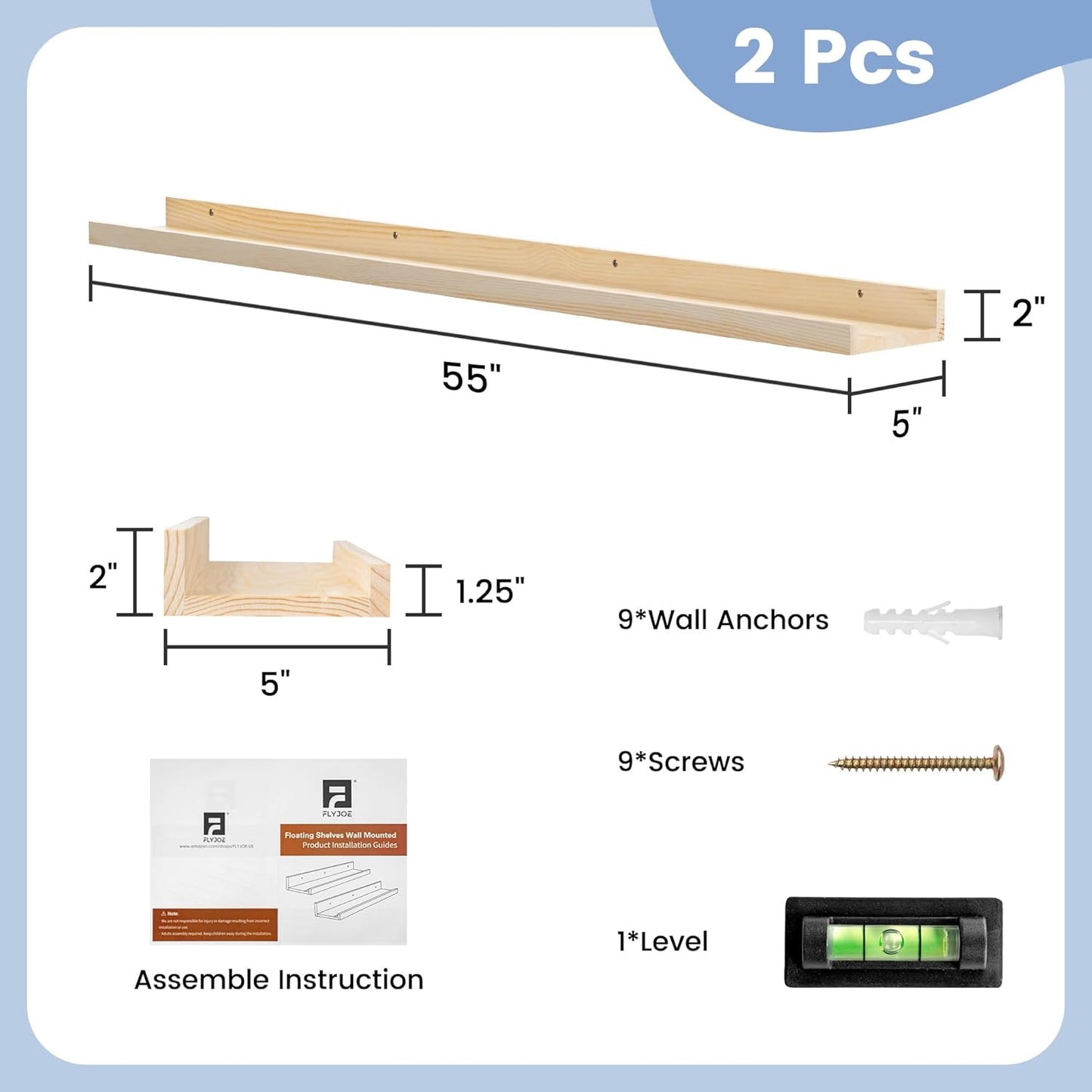 Picture Ledge Shelf, Floating Shelves Set of 2, Solid Pine Wood 55'' Long Large Nursery Book Shelves for Toys Storage, Kids Bookshelf for Living Room Bedroom Decor Books Photo Frames, Natural
