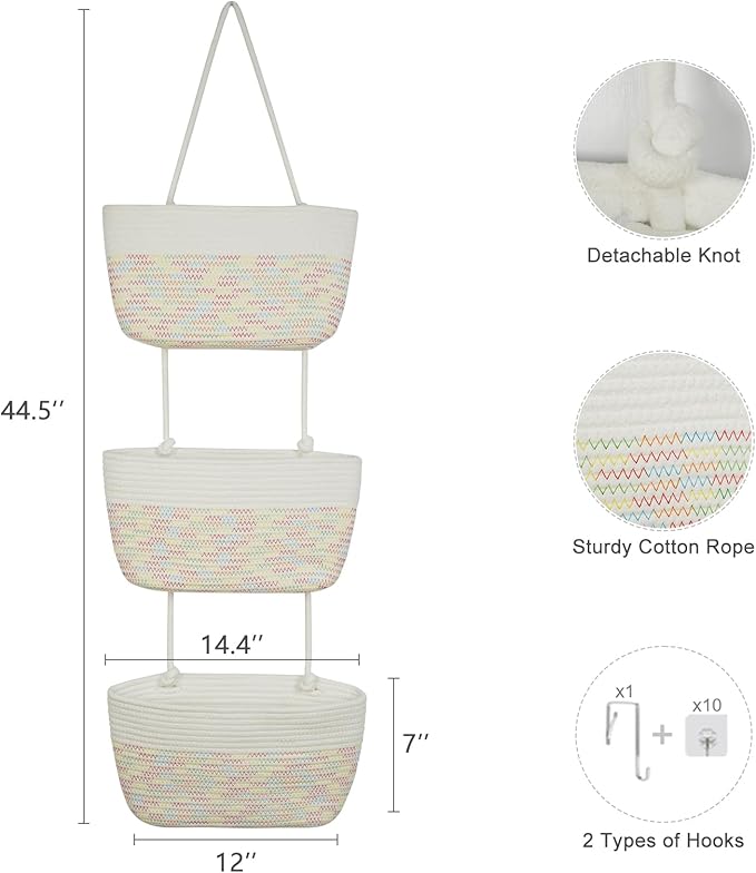 TeoKJ 3-Tier Woven Cotton Wall-Mounted Hanging Storage Baskets, Over the Door Organizer Bin for Kids Room, Bathroom, Bedroom, Kitchen, White & Rainbow Stitching