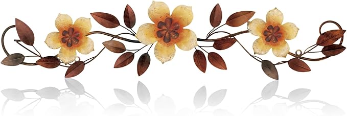 Wesiti Metal Flower Wall Decor Vintage Spring Metal Flower Wrought Iron Scroll Sculpture 15.7''x3.7'' Farmhouse Leaf Wall Decor with Nails for Spring Living Room Bedroom Indoor Outdoor(Yellow)