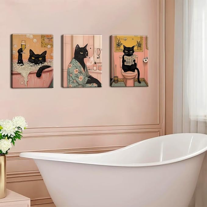 Funny Japanese Black Cat Bathroom Wall Art, Cute Japan Cat in Bathtub Wall Decor Paintings Funky Animal on Toilet Reading Newspaper Poster Canvas Prints Artwork 16x24 inch Framed