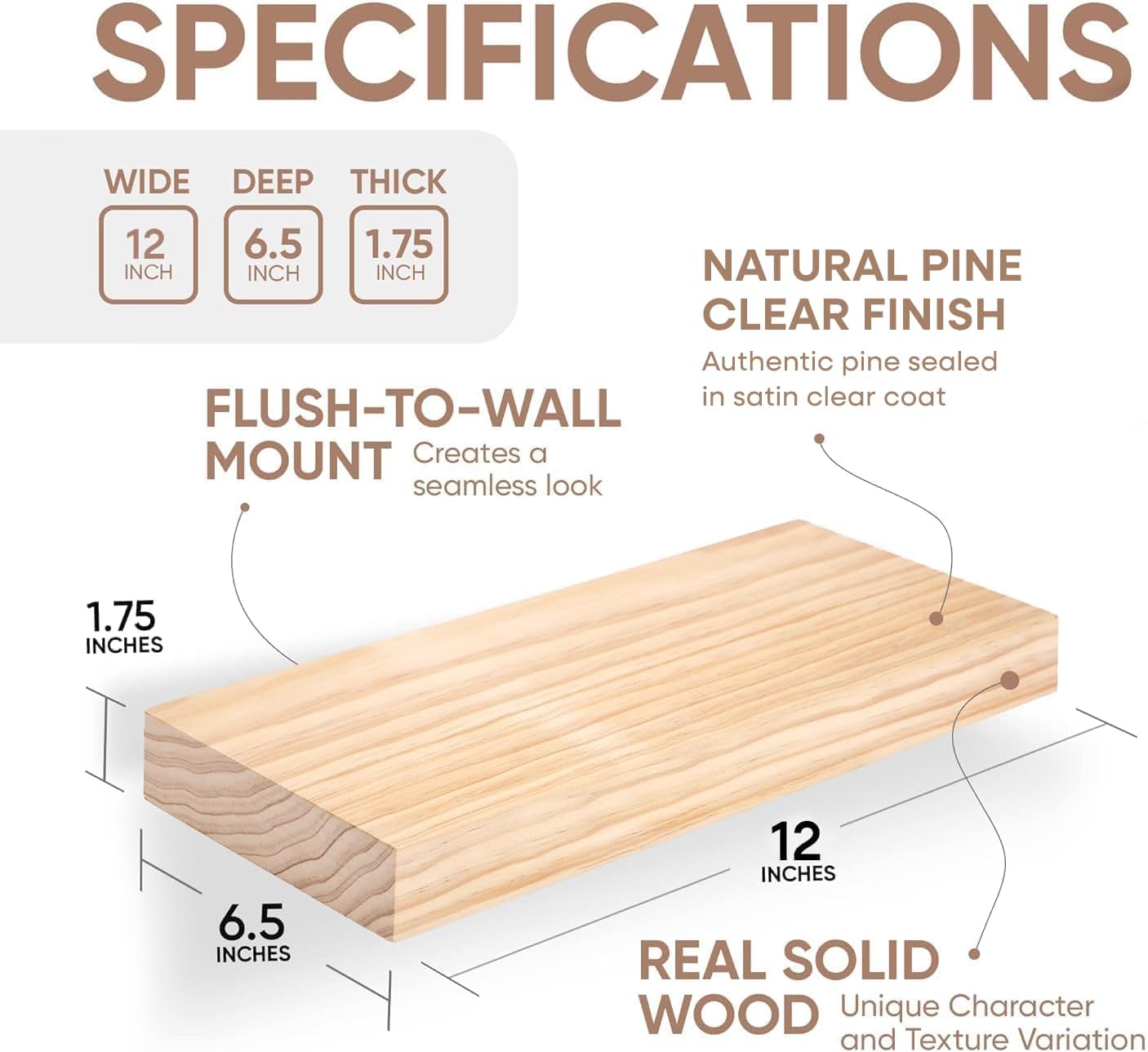 Homeforia 12 inch Natural Floating Shelf, High End Solid Real Wood 12inch Small Floating Shelves for Wall Mounted, Natural Wooden Floating Shelves, Heavy Duty Bracket, 12 X 6.5 X 1.75 in, Set of 3