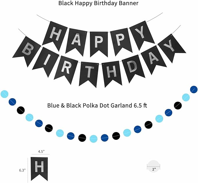ANSOMO Blue and Black Happy Birthday Party Decorations for Boys Men Banner Balloons Navy Royal Light Blue Pom Poms Foil Curtain Décor Supplies 13th 16th 18th 20th 30th 40th 50th 60th 70th 80th
