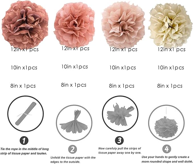We Moment Blush Pink Rose Gold Tissue Paper Flowers Decorations for Boho Birthday Bridal Shower Wedding Bachelorette Baby Shower Party Decor Ceiling Wall Hanging Tissue Pom Poms 12pcs 4 Colors