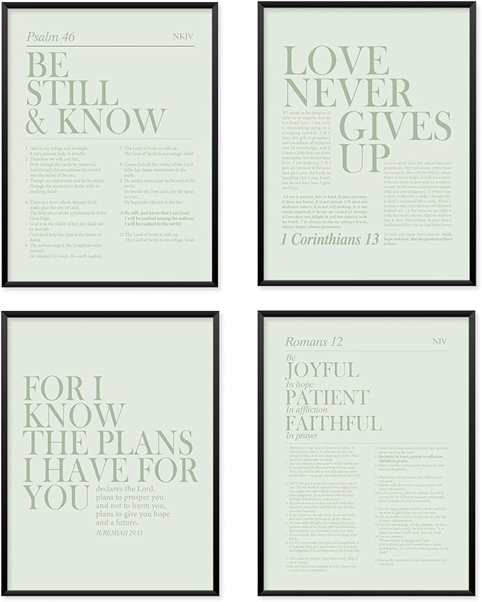Locomiss Sage Green Christian Wall Art Decor, Modern Bible Verse Prints, Minimalist Jesus Scripture Wall Decor, Inspirational Bible Posters for Bedroom Office Living Room, Set of 4 (12x16 Unframed)