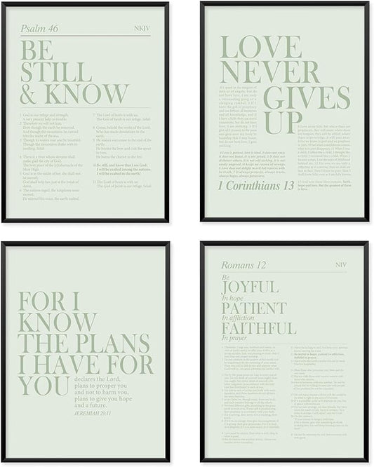 Locomiss Sage Green Christian Wall Art Decor, Modern Bible Verse Prints, Minimalist Jesus Scripture Wall Decor, Inspirational Bible Posters for Bedroom Office Living Room, Set of 4 (12x16 Unframed)