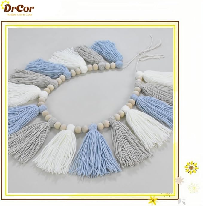 DrCor Blue and White Tassel Garland – Handmade Coastal Boho Wall Hanging for Nursery, Boys Room, Beach Theme Party, Baby Shower & Classroom Decoration