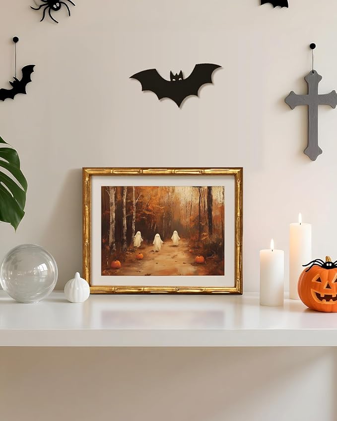 VIYYIEA Bamboo Detail Design Gold Framed Halloween Wall Art for Living Room, Three Ghost Wall Art, Halloween Home Decor Aesthetic Bathroom Bedroom, Office, Framed Ghost Artwork 11 x 14 Inch