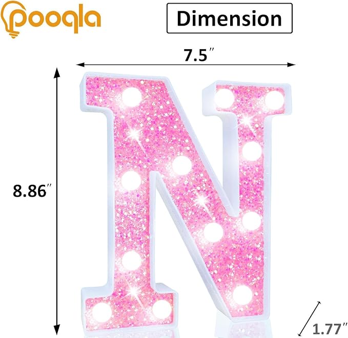 Pooqla LED Marquee Letter Lights, Light Up Letters for Birthday Decorations, Glitter Letter Sign Battery Powered Night Light Pink Party Wedding Christmas Girls Gift Bedroom Dorm Decor, Cool White N