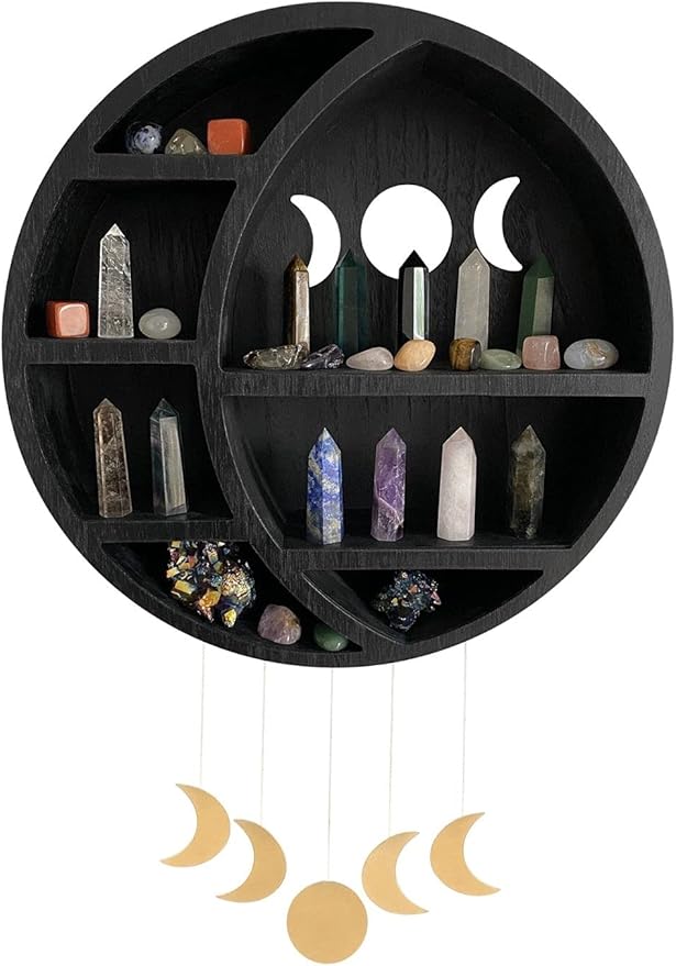 Ella & Emma Wooden Moon Shelf for Crystals - Crescent Moon Crystal Shelf, Storage & Wall Hanging Shelves for Bedroom Aesthetic, Moon Phase Wall Decor & Crystal Display Shelf, Pinewood, Black
