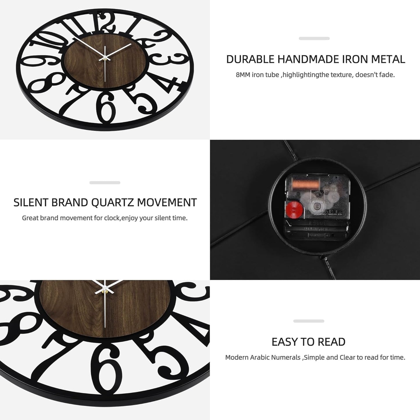 Maxstar Large Round Wall Clock for Living Room Decor Battery Operated Non Ticking Black Metal Wood Clocks for Home Living Room Garden Farmhouse Office Kitchen Decoration -24 inch