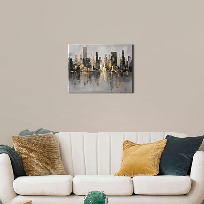 Abstract New York City Wall Art NYC Skyline Wall Decor for Living Room Black and Gold Cityscape Canvas Prints Morden Minimalist Aesthetic Posters Artwork for Bedroom Office Home Decorations 12x16”