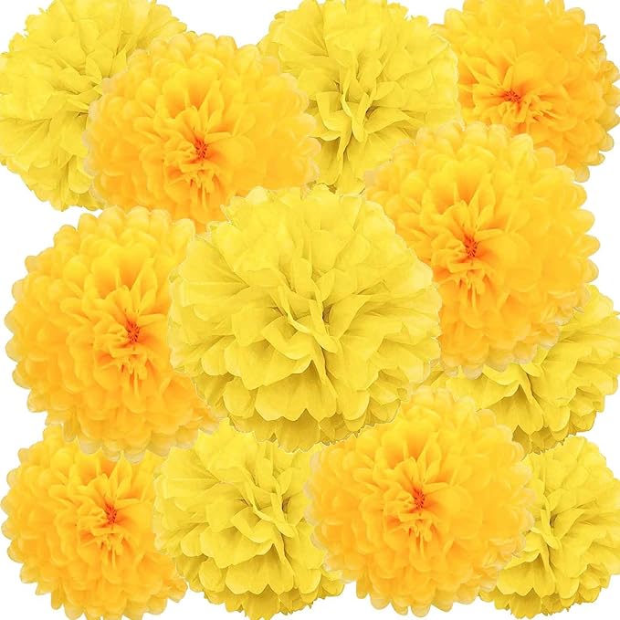We Moment Yellow Paper Pom Poms Decorations for Wedding Birthday Yellow Party Decoration Ceiling Wall Hanging Tissue Flowers Decorations 12pcs 2 Colors of 12 Inch 10 Inch