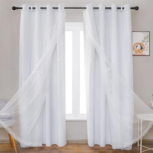 UNISTAR 2 Panels Stars Blackout for Bedroom Living Room Girls Kids Baby Room, Double Layer Star Cut Out Window Curtain, W52 x L63 Inch Length, Greyish White