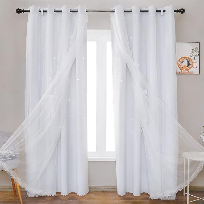 UNISTAR 2 Panels Stars Blackout for Bedroom Living Room Girls Kids Baby Room, Double Layer Star Cut Out Window Curtain, W52 x L84 Inch Length, Greyish White