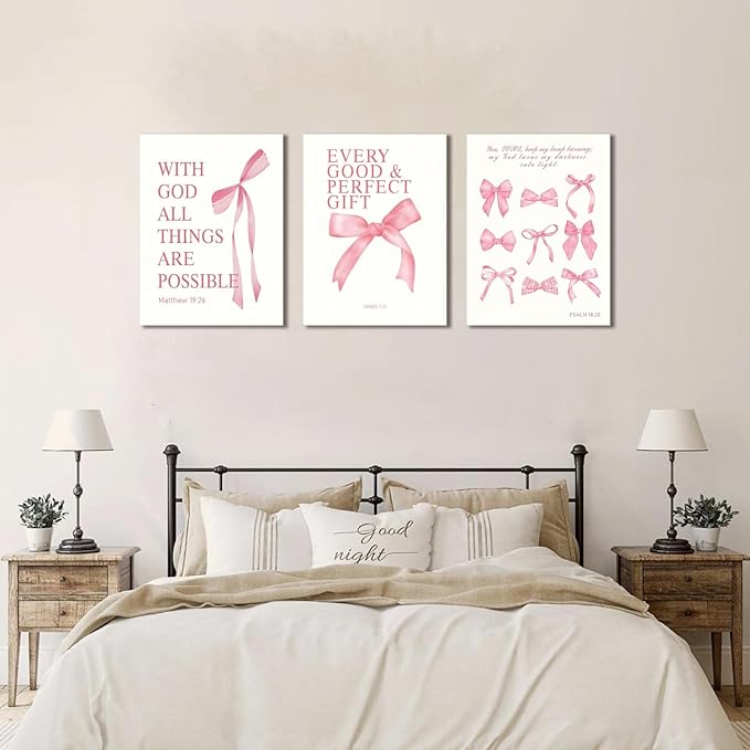 3 Pcs Coquette Pink Bow Canvas Wall Art Inspirational Bible Verses Bow Posters Wall Decor Pink Bow Room Pictures Prints Aesthetic for Girls Room Living Room Bedroom Bathroom Dorm 12x16 Inch Framed