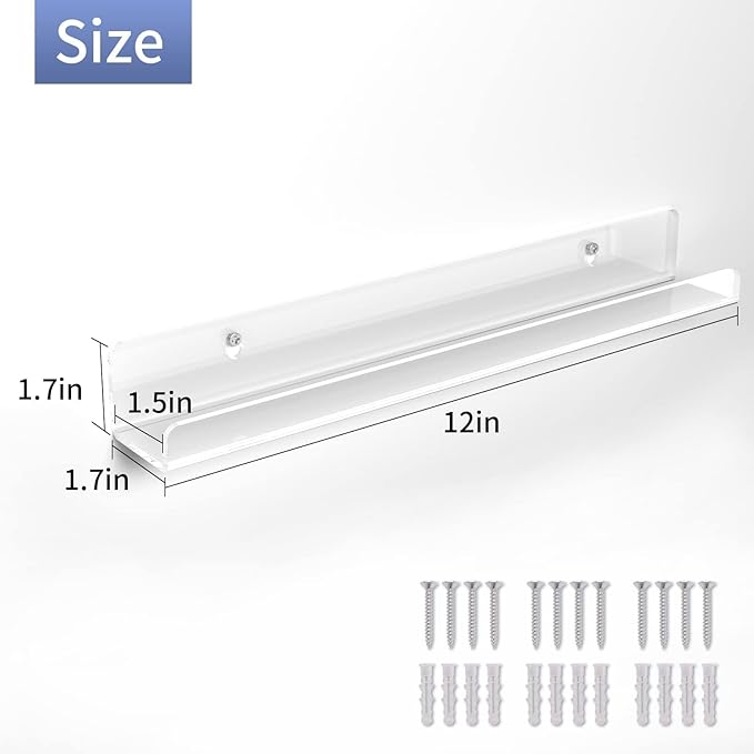 20 Pack Vinyl Record Shelf Wall Mount, 12-Inch Clear Acrylic Album Storage Holder, Floating Display Shelves for Wall Decor, Magazine Shelf, Kids Bookshelf, Suitable for Bedroom, Living Room