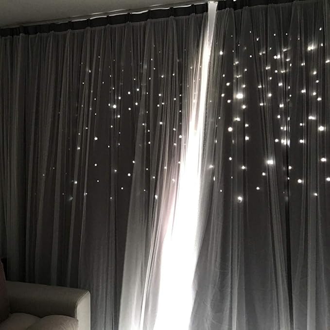 UNISTAR 2 Panels Stars Blackout Curtains for Bedroom Girls Kids Baby Window Curtain Double Layer Star Cut Out Aesthetic Living Room Decor Wall Home Decorations Curtain,W52 x L63 Inches,Grey