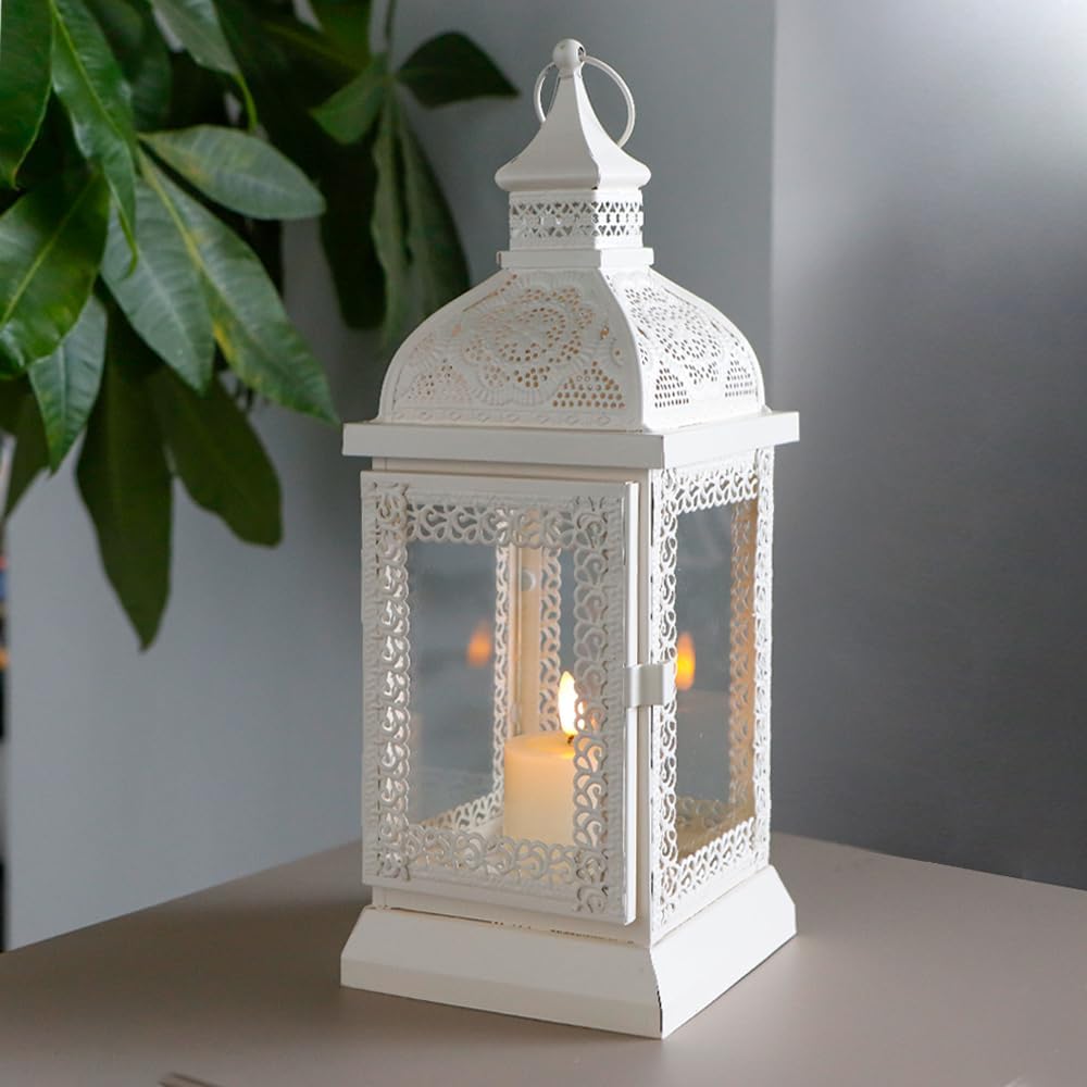 TRIROCKS Rustic Style Metal Candle Lantern 13'' High Decorative Outdoor Lantern Candle Holder with Tempered Glass for Thanksgiving Christmas Living Room Garden Patio Parties Indoors Outdoors (Cream)