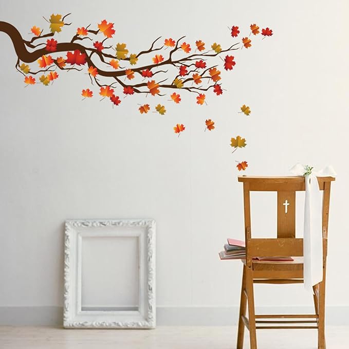 Autumn Maple Tree Wall Stickers, Chinese Style Autumn Fallen Leaves Wall Murals Peel and Stick 3D Wall Art Stickers Murals Home Decor for Girls Bedroom Nursery Rooms Living Room