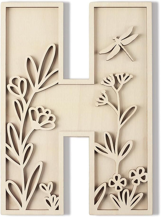 Layered 12 Inch Large Wooden Letters for Wall Decor, Flowered Paintable Wooden Nursery Letters for Crafts Wood Alphabet Letter H for Birthday Boho Nursery Name Sign Wedding Home Decoration