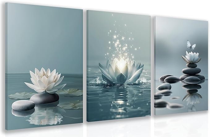 GELDSTEI Calm Zen Botanical Canvas Wall Art, White Lotus Blooming on Stones in Water Aesthetic Pictures, Yoga Spa Meditation Room Decor, Modern Spiritual Poster Prints for Zen Office Framed Set of 3, Each 16x24 Inch