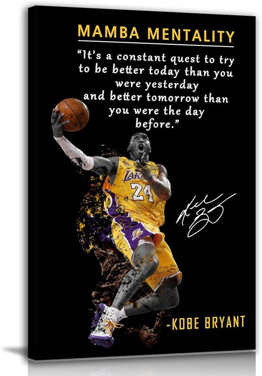 Kobe Bryant Inspirational Poster Canvas Wall Art • Mamba Mentality Quote Canvas Wall Art • Basketball Player Sports Home Decor • Motivational Artwork For Home,Office,Gym Wall Decor Framed Ready to