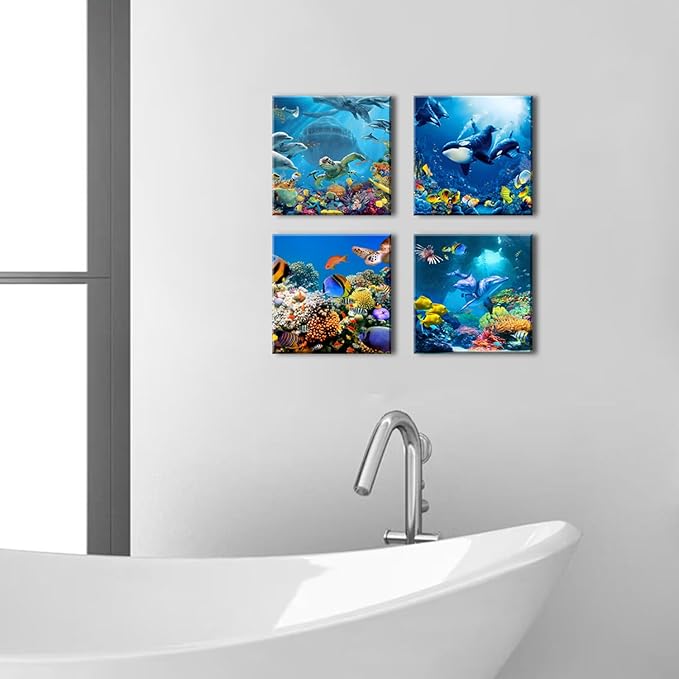 Sea Animal Wall Art Ocean Bathroom Pictures Nautical Turtle Dolphin Fish Whale Wall Decor Blue Undersea World Coral Reef Landscape Canvas Prints Painting Coastal Posters Artwork Decoration 12x12” 4Pcs