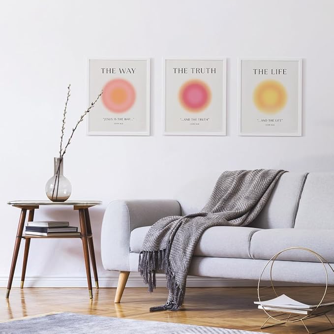 PLKMN Christian Wall Art, Jesus Art Wall Decor Prints Set of 3, Pink Room Decor Aesthetic, Jesus Is The Way and The Truth and The Life Bible Verse Wall Art, Pink Aura Prints Decor for Bedroom, 8x10 Unframed