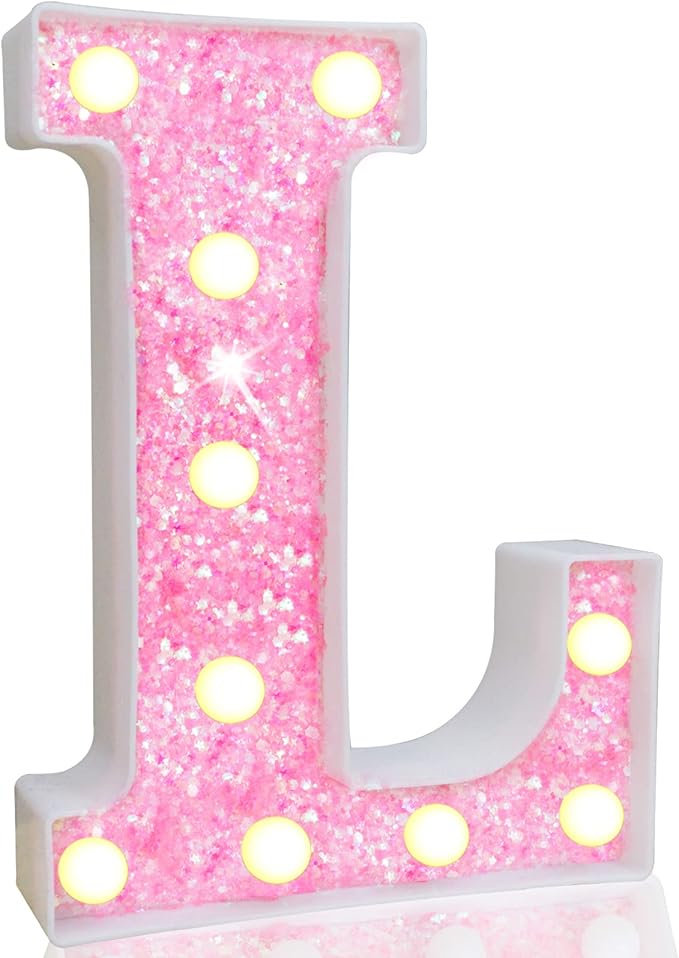 Pooqla LED Marquee Letter Lights, Pink Glitter Alphabet Sign, Battery Powered Night Light, Wedding Party Decoration, 8.86" x 6.5" Plastic Letter L
