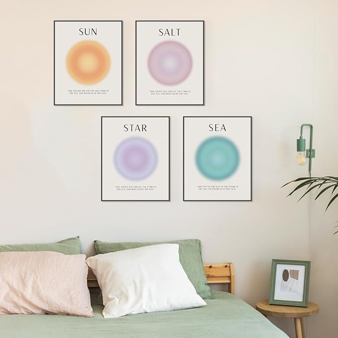 PLKMN Aura Angel Sun Salt Sea Wall Art Decor 8x10,Beach Aesthetic,Trendy Star Ocean Beach Prints,Colorful Aura Abstract Aesthetic Decor Bedroom Yoga Living Room Set of 4 (Unframed)