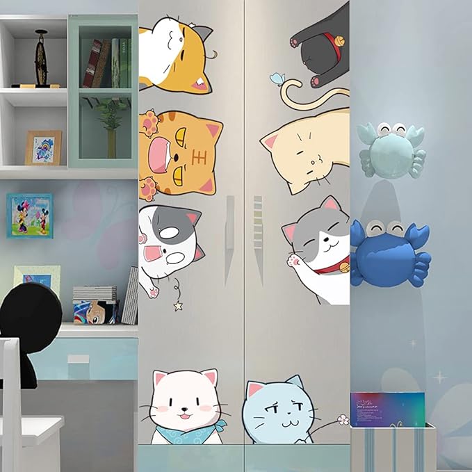 Cat Wall Stickers Decals, Cat Wall Decor Window Clings for Classroom, Cute Kitty Stickers Decor for Bedroom Anime Animals Peel and Stick Wall Decal for Kids Room
