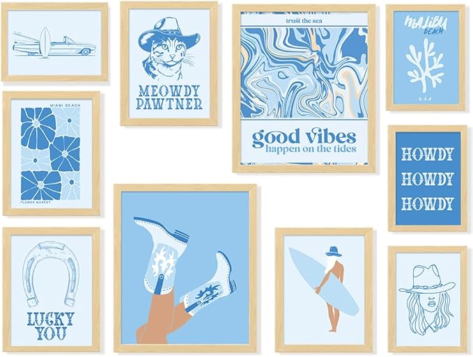 Aroutde 10Pcs Coastal Cowgirl Canvas Wall Art Print Light Blue Beachy Surfer Girl Posters Preppy Aesthetic Granddaughter Room Decor for Teen Girl Bedroom Dorm Apartment Decoration (Unframed)