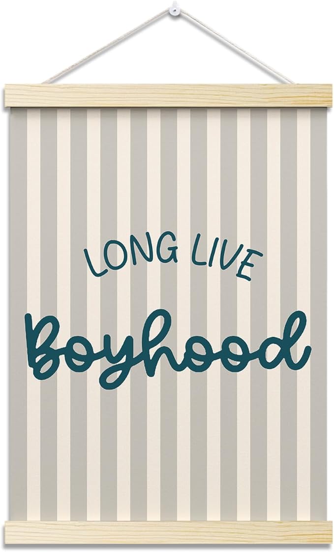 Long Live Boyhood Posters Hanger Frame for Boys Room Blue Hanging Poster for Bedroom Kids Room Classroom Decor Stripes Wall Art Decor for Nursery Playroom Canvas Wall Art Print 16x12 Inches - YY049
