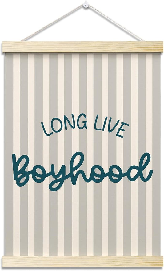 Long Live Boyhood Posters Hanger Frame for Boys Room Blue Hanging Poster for Bedroom Kids Room Classroom Decor Stripes Wall Art Decor for Nursery Playroom Canvas Wall Art Print 16x12 Inches - YY049
