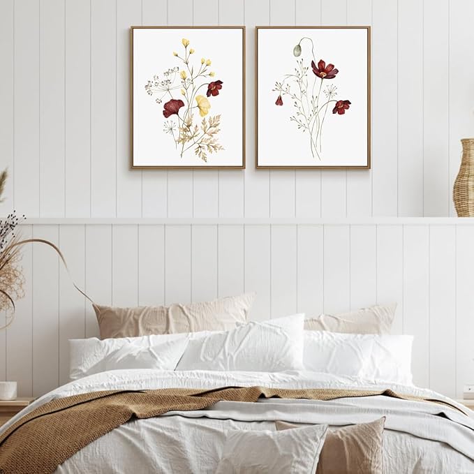 Watercolor Botanical Wall Art Prints Burgundy and Yellow Flower Pictures Wall Decor Colorful Floral Plants Painting Framed Aesthetic Poster for Home Office Kitchen Decoration 2 Pieces Set - 11x14 Inch